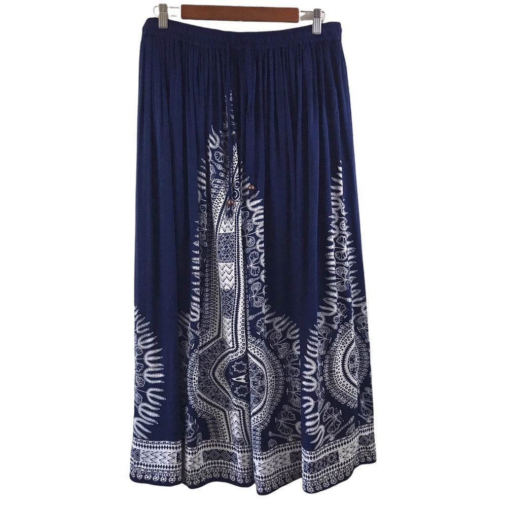 Gypsie Blu S/M Pull On Maxi Skirt Navy Blue White‎ Flowy Boho Hippie Medallion